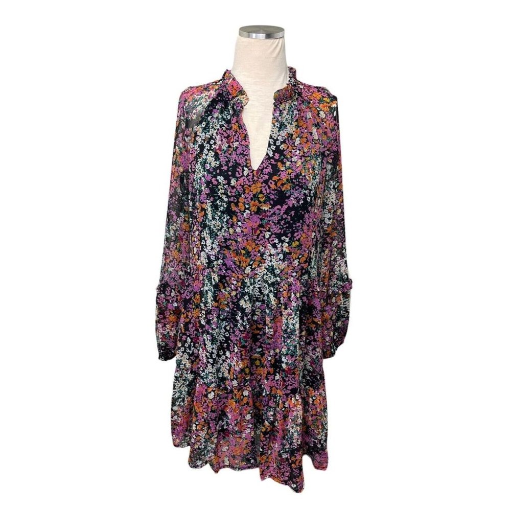 Vince Camuto Boho Black Pink Floral Lined Babydoll Chiffon Dress Size Medium - Picture 1 of 8